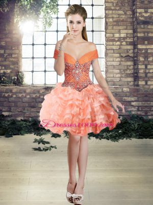 Peach Three Pieces Beading and Ruffled Layers Quinceanera Gowns Lace Up Organza Sleeveless