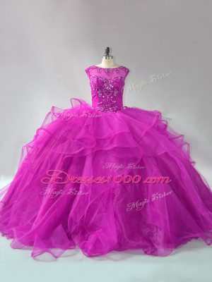 Flirting Fuchsia Quince Ball Gowns Scoop Long Sleeves Brush Train Lace Up