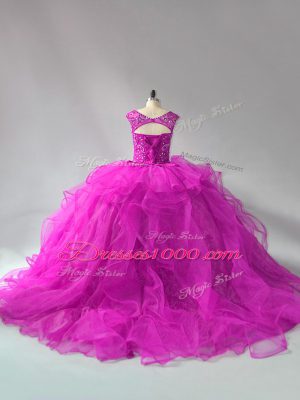 Flirting Fuchsia Quince Ball Gowns Scoop Long Sleeves Brush Train Lace Up