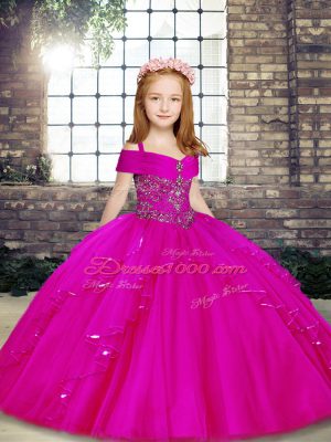 Graceful Ball Gowns Casual Dresses Fuchsia Straps Tulle Sleeveless Floor Length Lace Up