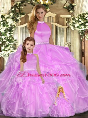 Lilac Ball Gowns Beading and Ruffles Quinceanera Dresses Backless Organza Sleeveless Floor Length