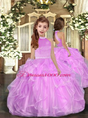 Lilac Ball Gowns Beading and Ruffles Quinceanera Dresses Backless Organza Sleeveless Floor Length