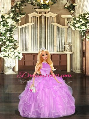 Lilac Ball Gowns Beading and Ruffles Quinceanera Dresses Backless Organza Sleeveless Floor Length