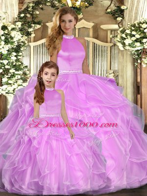 Lilac Ball Gowns Beading and Ruffles Quinceanera Dresses Backless Organza Sleeveless Floor Length