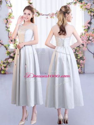 Ideal Silver Sleeveless Appliques Tea Length Court Dresses for Sweet 16