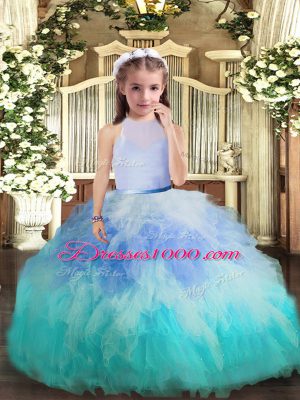 Multi-color Ball Gowns Beading and Ruffles Girls Pageant Dresses Backless Tulle Sleeveless Floor Length