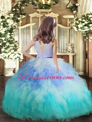 Multi-color Ball Gowns Beading and Ruffles Girls Pageant Dresses Backless Tulle Sleeveless Floor Length