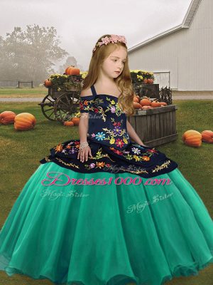 Sweet Turquoise Sleeveless Embroidery Floor Length Child Pageant Dress