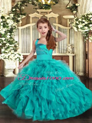 Aqua Blue Ball Gowns Ruffles Little Girl Pageant Gowns Lace Up Tulle Sleeveless Floor Length