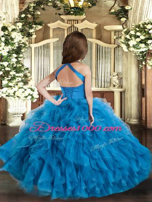 Aqua Blue Ball Gowns Ruffles Little Girl Pageant Gowns Lace Up Tulle Sleeveless Floor Length