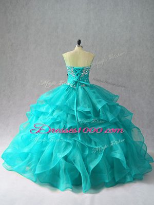 Simple Sweetheart Sleeveless Sweet 16 Dresses Floor Length Beading and Ruffles Aqua Blue Organza