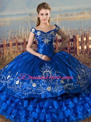 Ball Gowns Vestidos de Quinceanera Royal Blue Off The Shoulder Satin and Organza Sleeveless Floor Length Lace Up