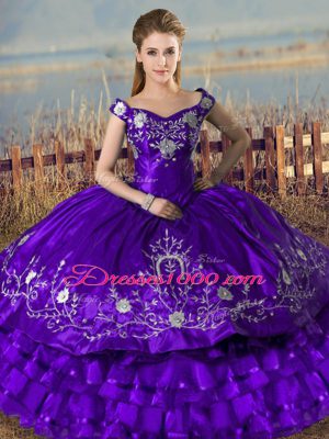 Best Purple Ball Gowns Embroidery and Ruffled Layers Sweet 16 Dresses Lace Up Satin and Organza Sleeveless Floor Length
