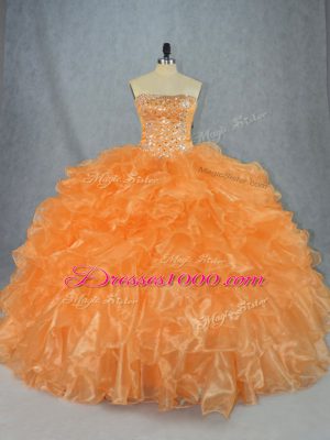 Orange Lace Up Strapless Beading and Ruffles Sweet 16 Dress Organza Sleeveless