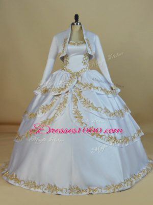 White Ball Gowns Satin Straps Sleeveless Embroidery Floor Length Lace Up Sweet 16 Quinceanera Dress