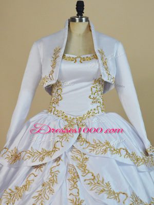 White Ball Gowns Satin Straps Sleeveless Embroidery Floor Length Lace Up Sweet 16 Quinceanera Dress