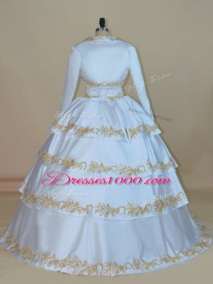 White Ball Gowns Satin Straps Sleeveless Embroidery Floor Length Lace Up Sweet 16 Quinceanera Dress