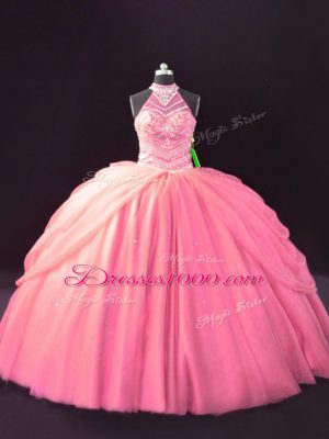 Pink Sleeveless Tulle Lace Up Quinceanera Dresses for Sweet 16 and Quinceanera