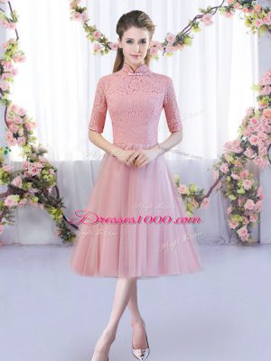 Extravagant High-neck Half Sleeves Zipper Dama Dress Pink Tulle