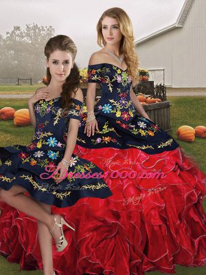 Three Pieces 15 Quinceanera Dress Red And Black Off The Shoulder Organza Sleeveless Floor Length Lace Up