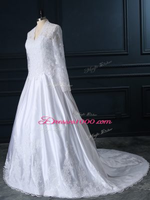 New Arrival White Wedding Gowns V-neck Long Sleeves Brush Train Clasp Handle