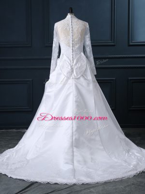 New Arrival White Wedding Gowns V-neck Long Sleeves Brush Train Clasp Handle