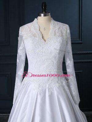 New Arrival White Wedding Gowns V-neck Long Sleeves Brush Train Clasp Handle