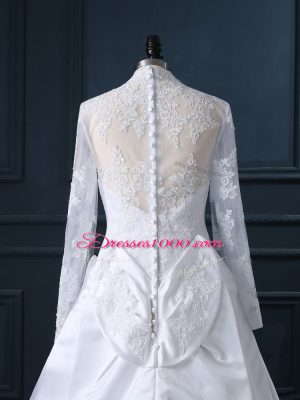 New Arrival White Wedding Gowns V-neck Long Sleeves Brush Train Clasp Handle