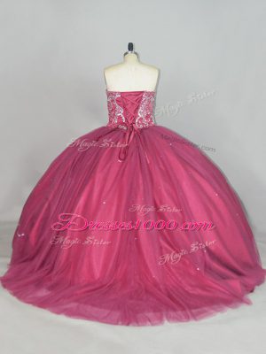 Sleeveless Tulle Brush Train Lace Up Quince Ball Gowns in Red with Beading and Sequins