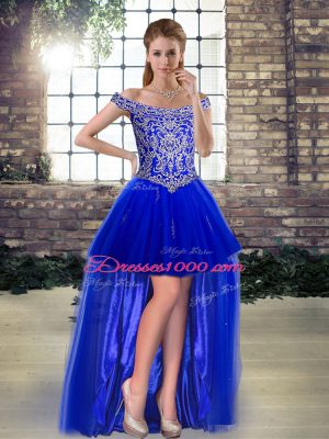 Great Off The Shoulder Sleeveless High School Pageant Dress High Low Beading and Appliques Royal Blue Tulle