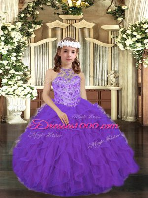 Perfect Purple Sleeveless Beading and Ruffles Floor Length Pageant Gowns For Girls