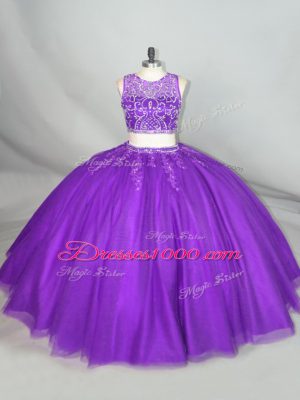 Purple Tulle Zipper Quinceanera Dresses Sleeveless Beading