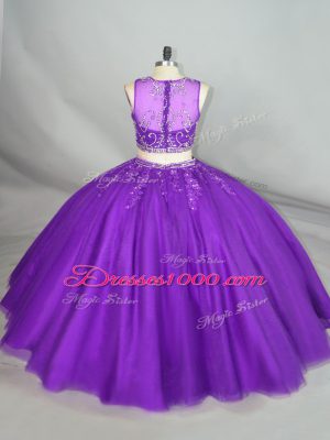 Purple Tulle Zipper Quinceanera Dresses Sleeveless Beading