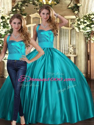 Affordable Teal Quinceanera Gown Military Ball and Sweet 16 and Quinceanera with Ruching Halter Top Sleeveless Lace Up