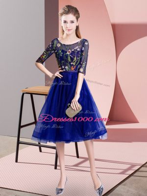 Blue Half Sleeves Tulle Lace Up Bridesmaid Dresses for Wedding Party