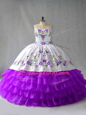 Sweetheart Sleeveless Quinceanera Dresses Floor Length Embroidery and Ruffled Layers White And Purple Organza