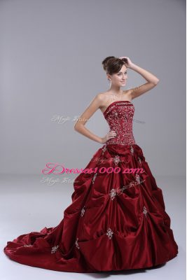 Wine Red Sleeveless Beading and Embroidery Lace Up Bridal Gown