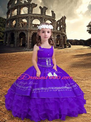 Lavender Ball Gowns Embroidery and Ruffled Layers Party Dress for Girls Zipper Satin and Organza Sleeveless Floor Length