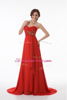 Amazing Red Sleeveless Brush Train Appliques and Ruching Prom Party Dress