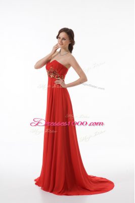 Amazing Red Sleeveless Brush Train Appliques and Ruching Prom Party Dress