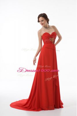 Amazing Red Sleeveless Brush Train Appliques and Ruching Prom Party Dress