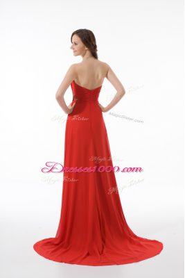 Amazing Red Sleeveless Brush Train Appliques and Ruching Prom Party Dress