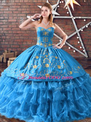 Popular Blue Quinceanera Dresses Sweet 16 and Quinceanera with Embroidery and Ruffled Layers Sweetheart Sleeveless Lace Up