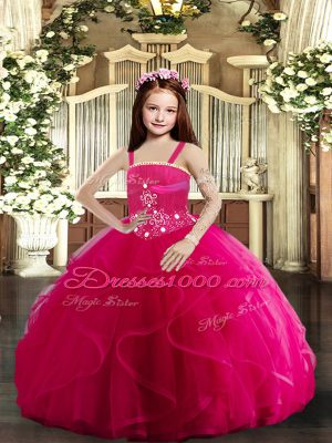 High End Floor Length Lace Up Pageant Dress Womens Hot Pink for Party and Wedding Party with Beading and Ruffles