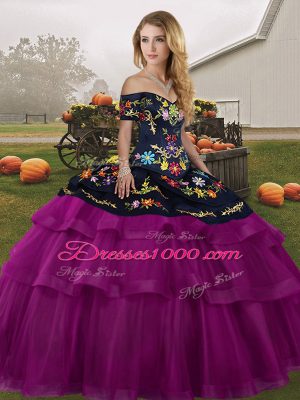 Fuchsia Sleeveless Tulle Brush Train Lace Up Quince Ball Gowns for Military Ball and Sweet 16 and Quinceanera