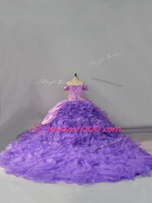 Romantic Lavender Ball Gowns Organza Off The Shoulder Sleeveless Embroidery and Ruffles Lace Up Quinceanera Dress Chapel Train