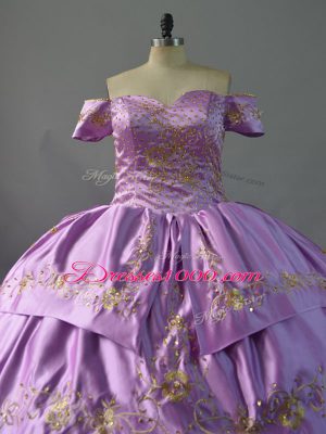 Romantic Lavender Ball Gowns Organza Off The Shoulder Sleeveless Embroidery and Ruffles Lace Up Quinceanera Dress Chapel Train