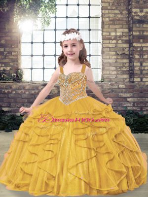 Affordable Gold Ball Gowns Beading and Ruffles Little Girls Pageant Dress Wholesale Lace Up Tulle Sleeveless Floor Length