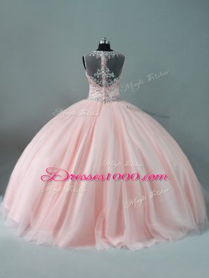 Most Popular Tulle Scoop Sleeveless Zipper Beading Vestidos de Quinceanera in Peach