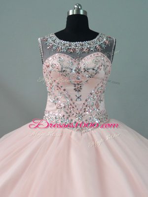 Most Popular Tulle Scoop Sleeveless Zipper Beading Vestidos de Quinceanera in Peach